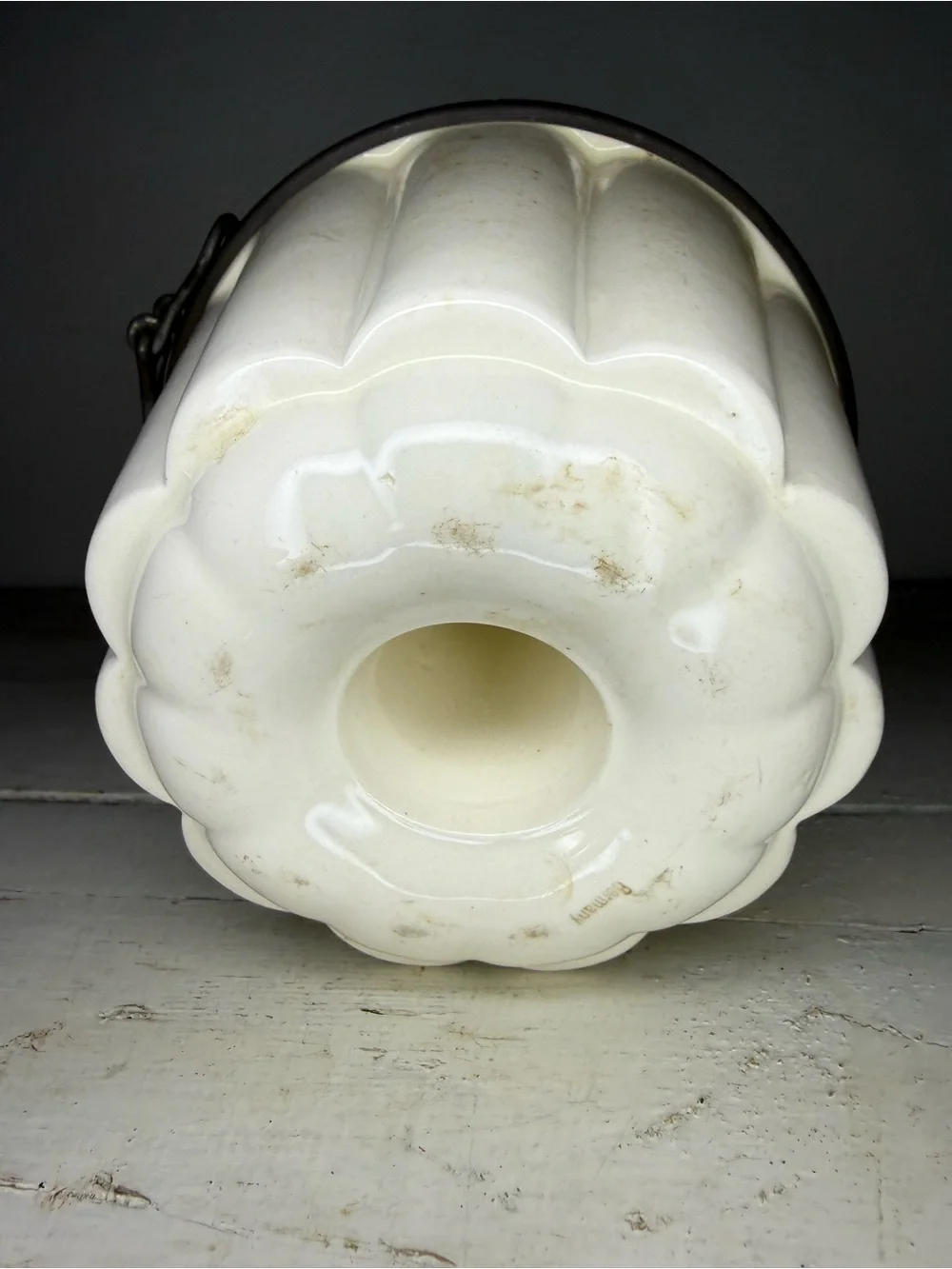 Antique Creamy White German Steam Pudding Mold w/ Tin Lid & Side Locking Latch